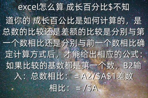 excel怎么算 成長(zhǎng)百分比$不知道你的 成長(zhǎng)百公比是如何計(jì)算的，是總數(shù)的比較還是差額的比較是分別與第一個(gè)數(shù)相比還是分別與前一個(gè)數(shù)相比確定計(jì)算方式后，才能給出相應(yīng)的公式：如果比較的基數(shù)都是第一個(gè)數(shù)，B2輸入：總數(shù)相比：＝A2/$A$1差數(shù)相比：＝/$A