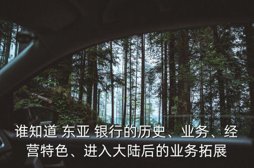 誰(shuí)知道 東亞 銀行的歷史、業(yè)務(wù)、經(jīng)營(yíng)特色、進(jìn)入大陸后的業(yè)務(wù)拓展